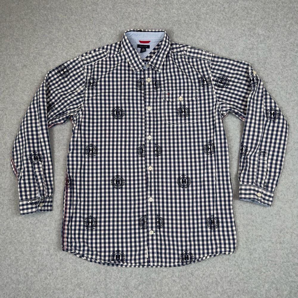Tommy Hilfiger Button Down Shirt Boys XL‎ Checkered All Over Logo Long Sleeve